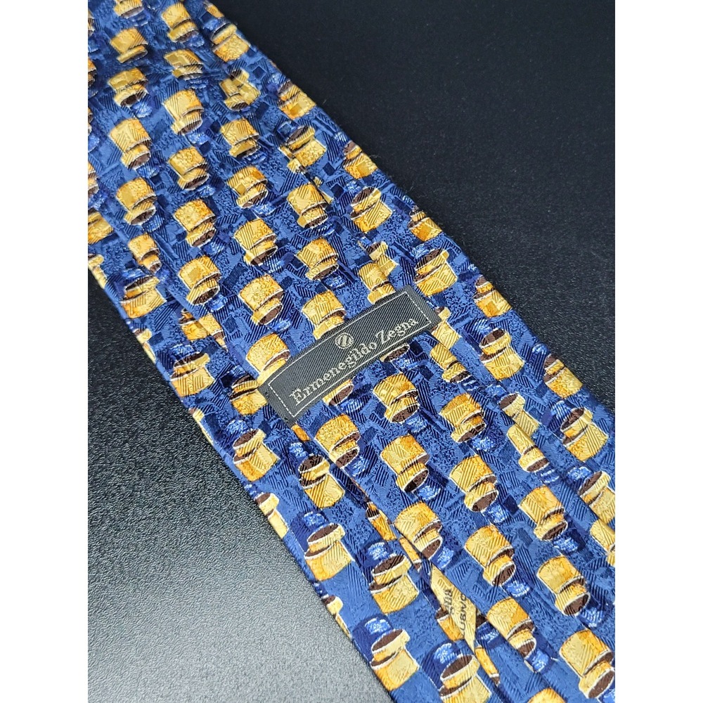 Ermenegildo Zegna Men's Necktie Blue Gold Top Hat Silk 3.75 x 58 Good